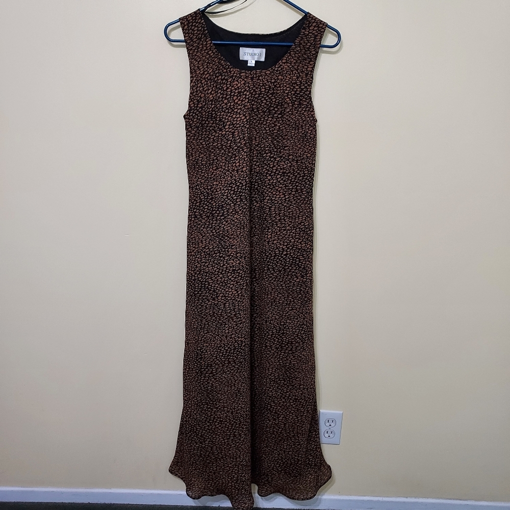 Studio I Sleeveless Flowy Black & Brown lined animal print dress size 8 Moody